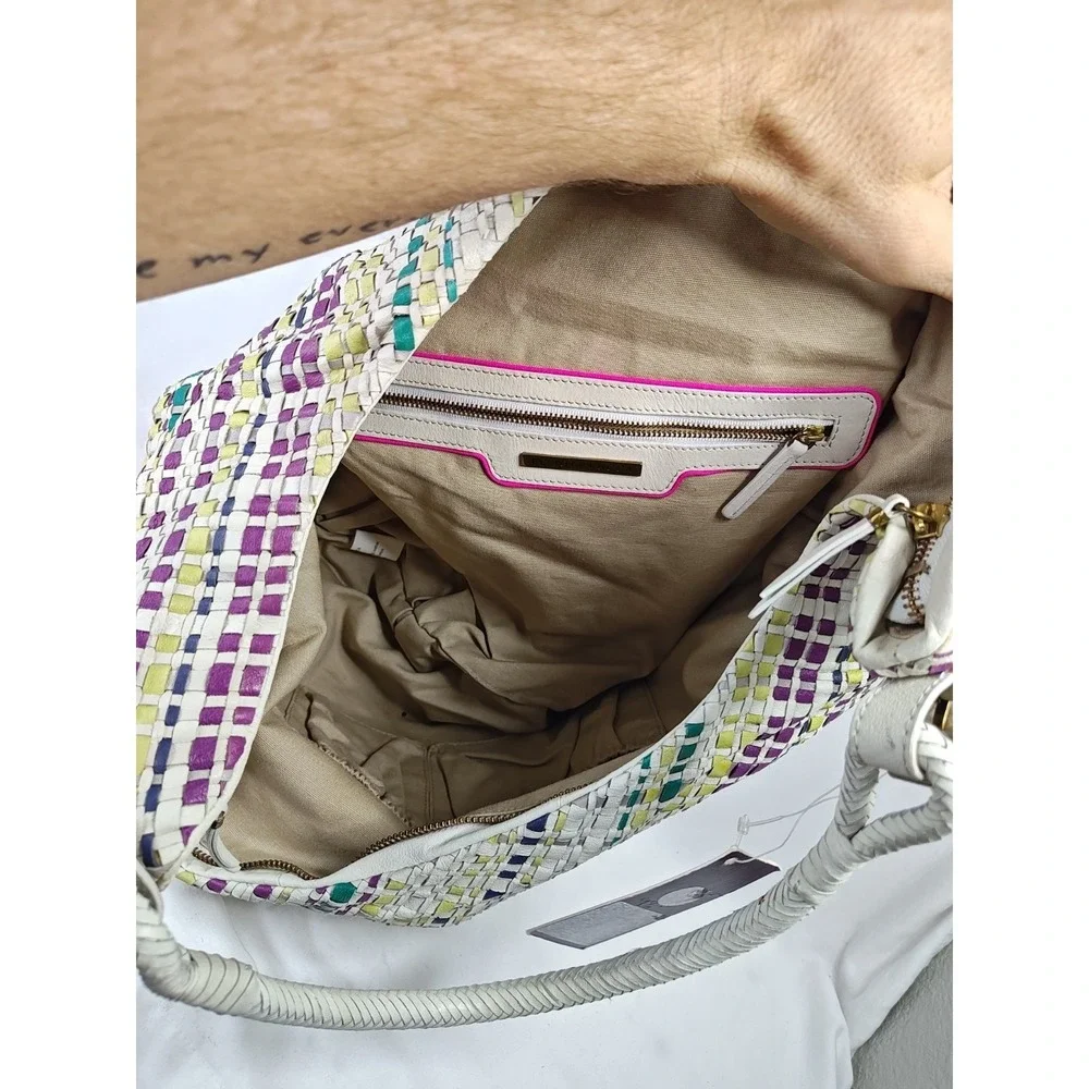 Elliott Lucca Woven Leather Large Hobo Purse Plaid off white purple NWT Flaw